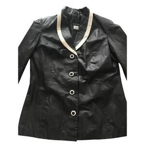 Black Leather Coat Via Accenti Vintage Size 6A White Trim Stylized Buttons